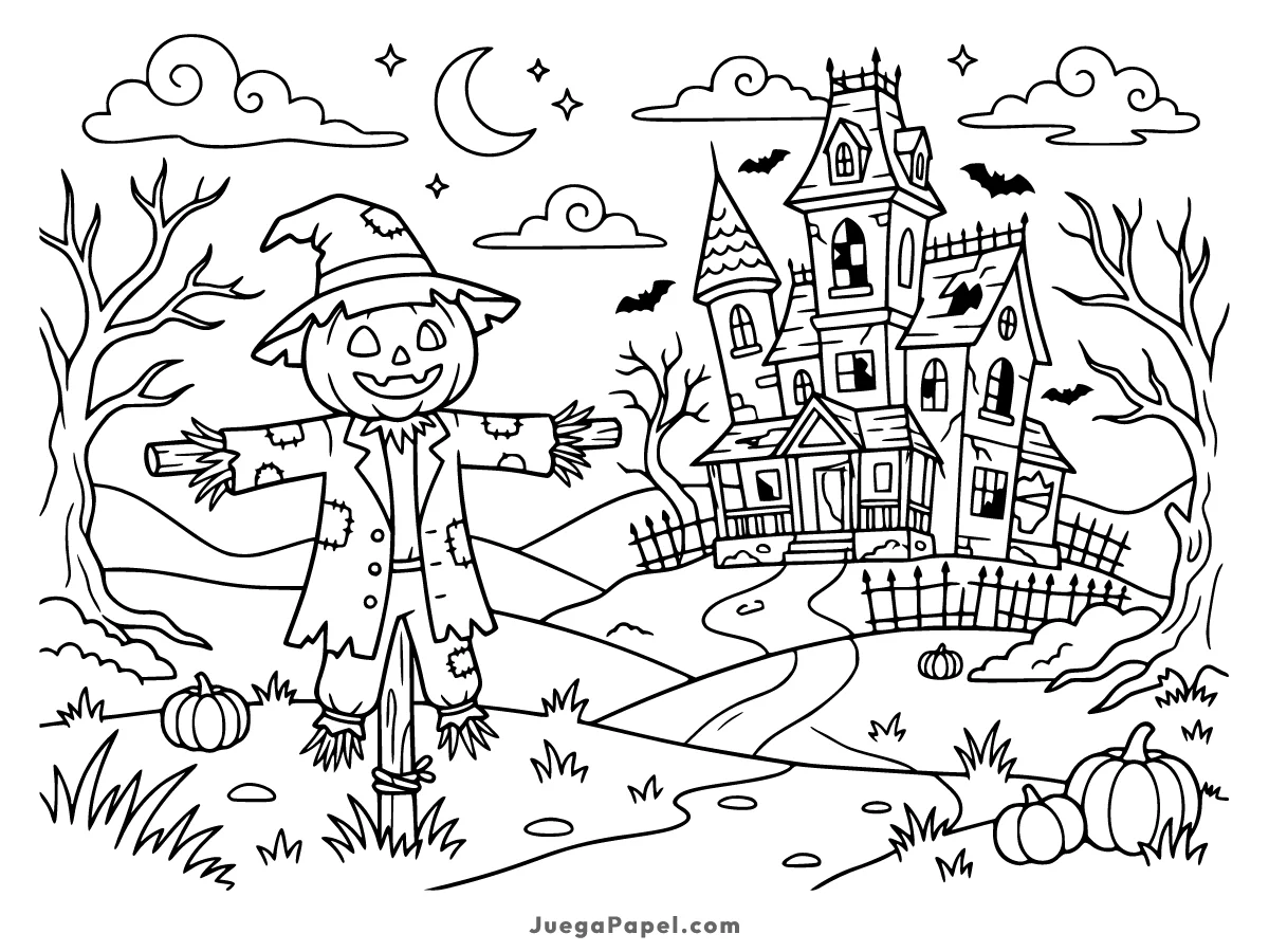 Dibujo para colorear e imprimir de Espantapájaros y Casa Encantada de Halloween