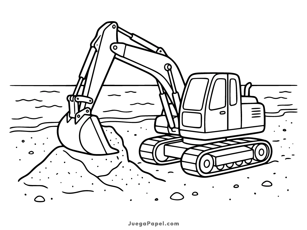 Dibujo para colorear e imprimir de Excavadora de Construcción en la Arena
