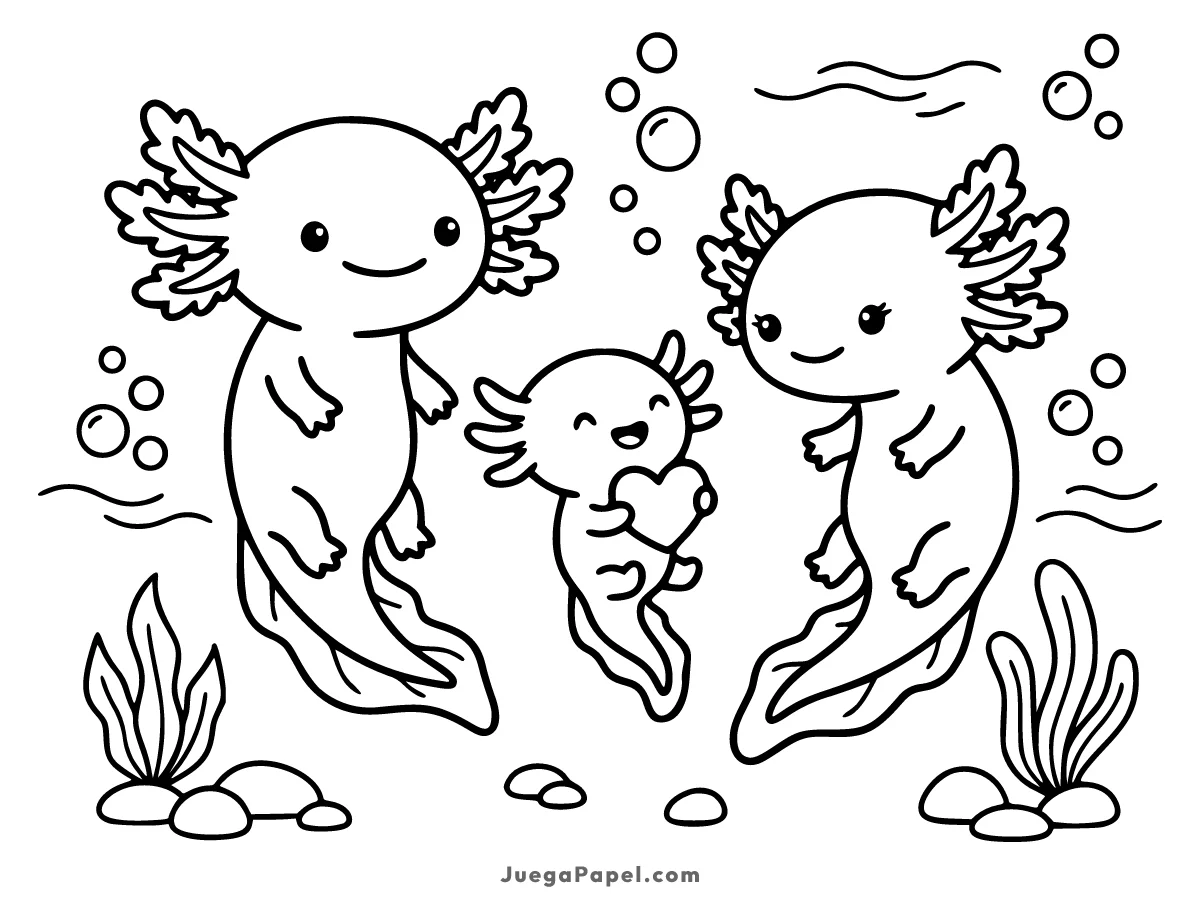 Dibujo para colorear e imprimir de Familia de Ajolotes Tiernos