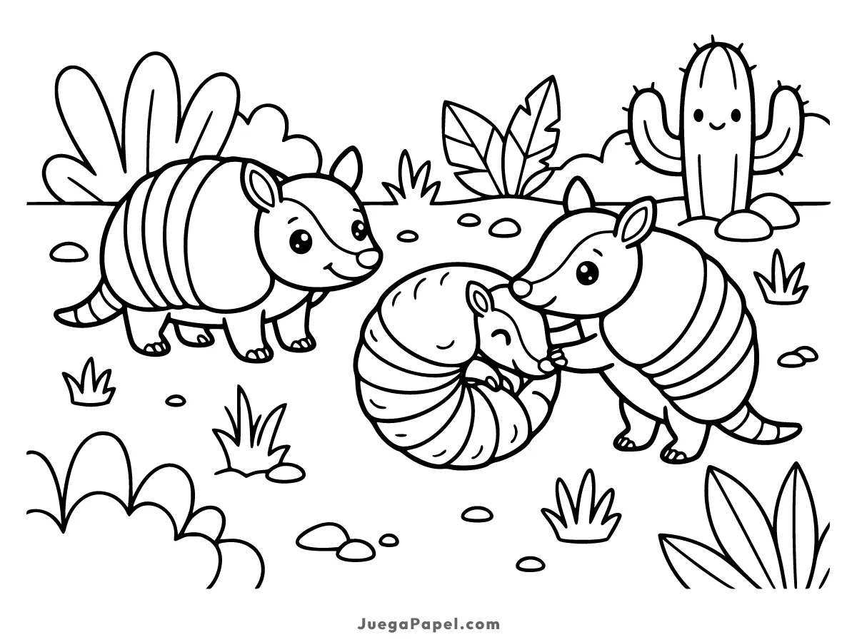 Dibujo para colorear e imprimir de Familia de Armadillos Felices en la Naturaleza