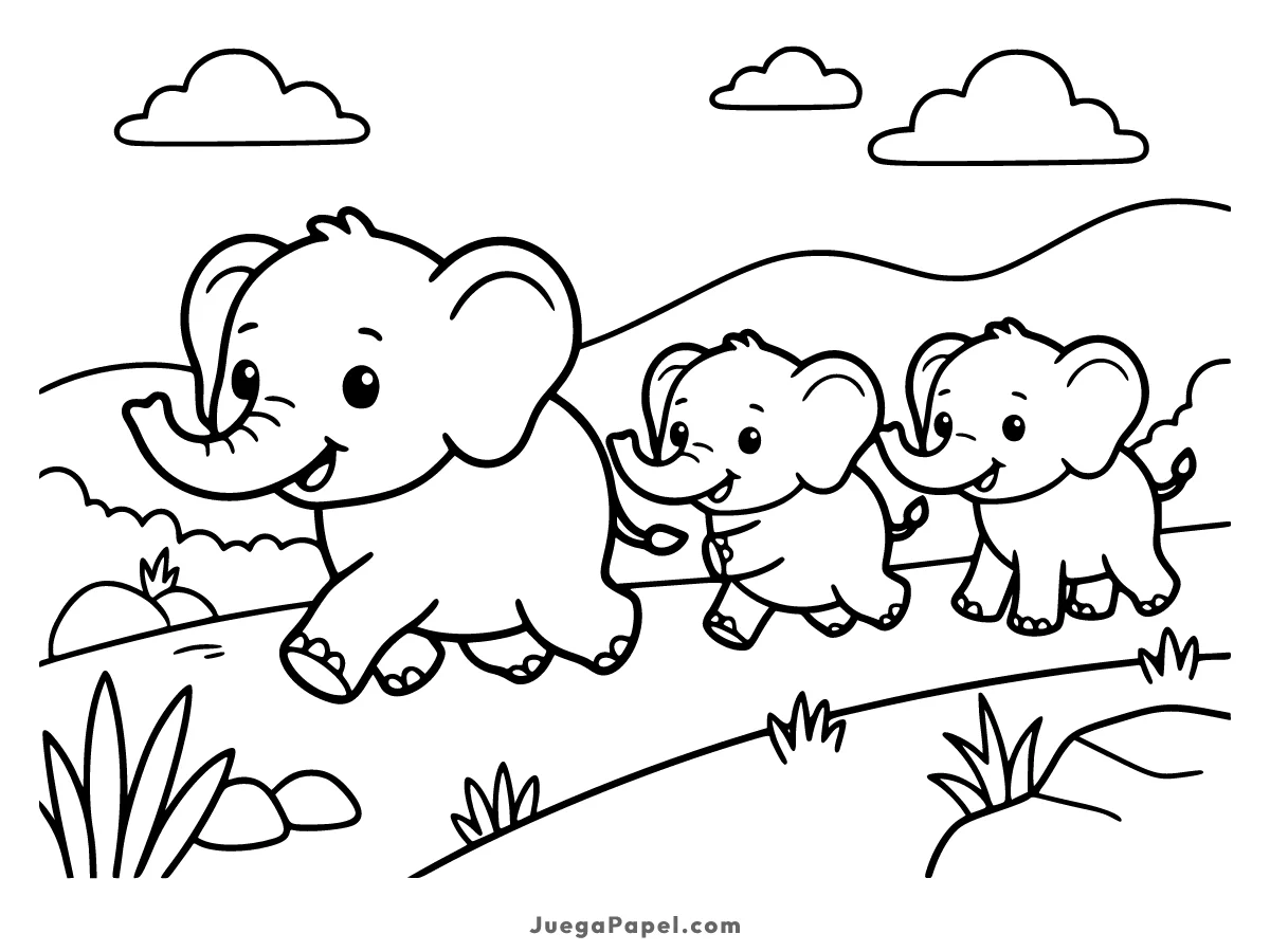 Dibujo para colorear e imprimir de Familia de Elefantes Paseando