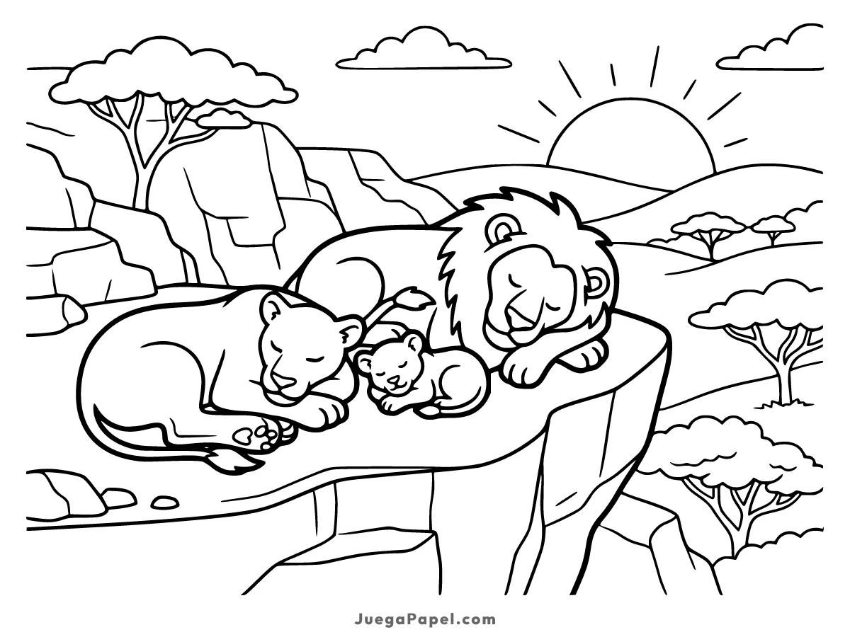 Dibujo para colorear e imprimir de Familia de leones durmiendo