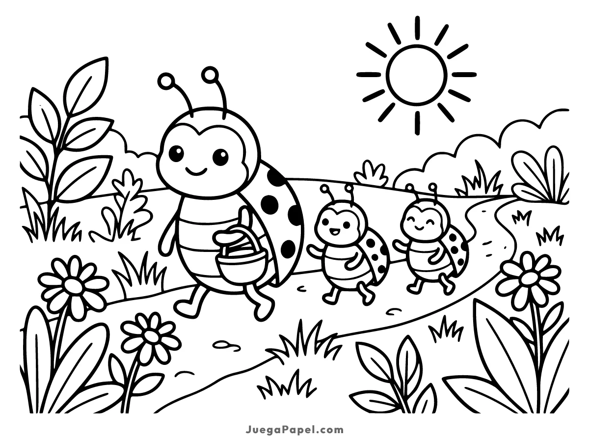 Dibujo para colorear e imprimir de Familia de Mariquitas de Paseo por el Campo