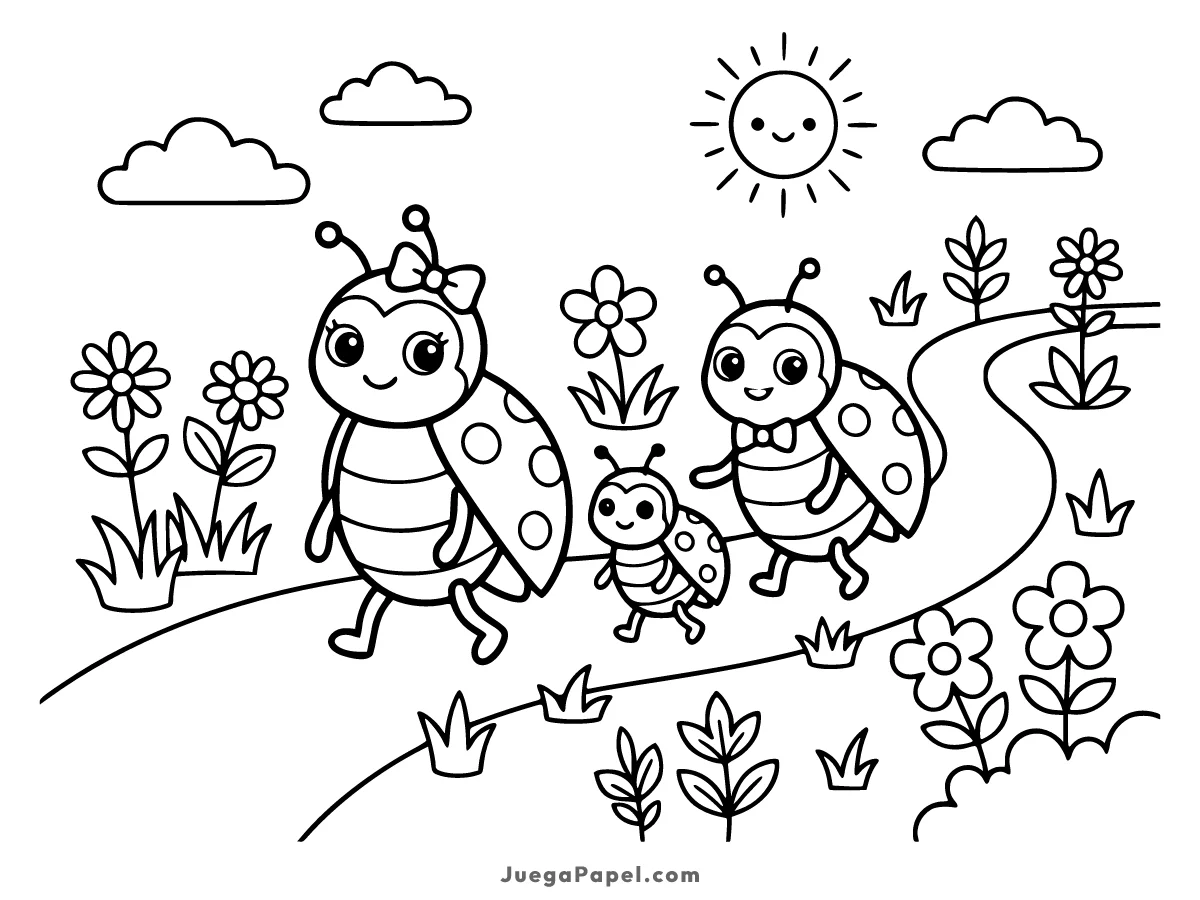 Dibujo para colorear e imprimir de Familia de Mariquitas Felices en el Jardín