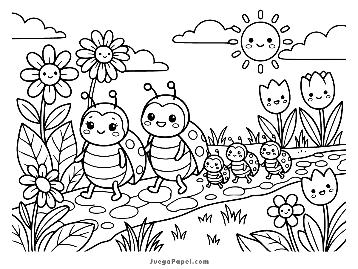 Dibujo para colorear e imprimir de Familia de Mariquitas Felices en el Jardín