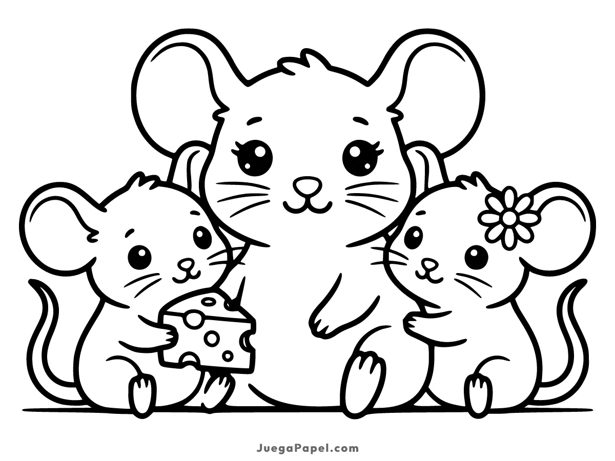 Dibujo para colorear e imprimir de Familia de Ratoncitos Tiernos con Queso