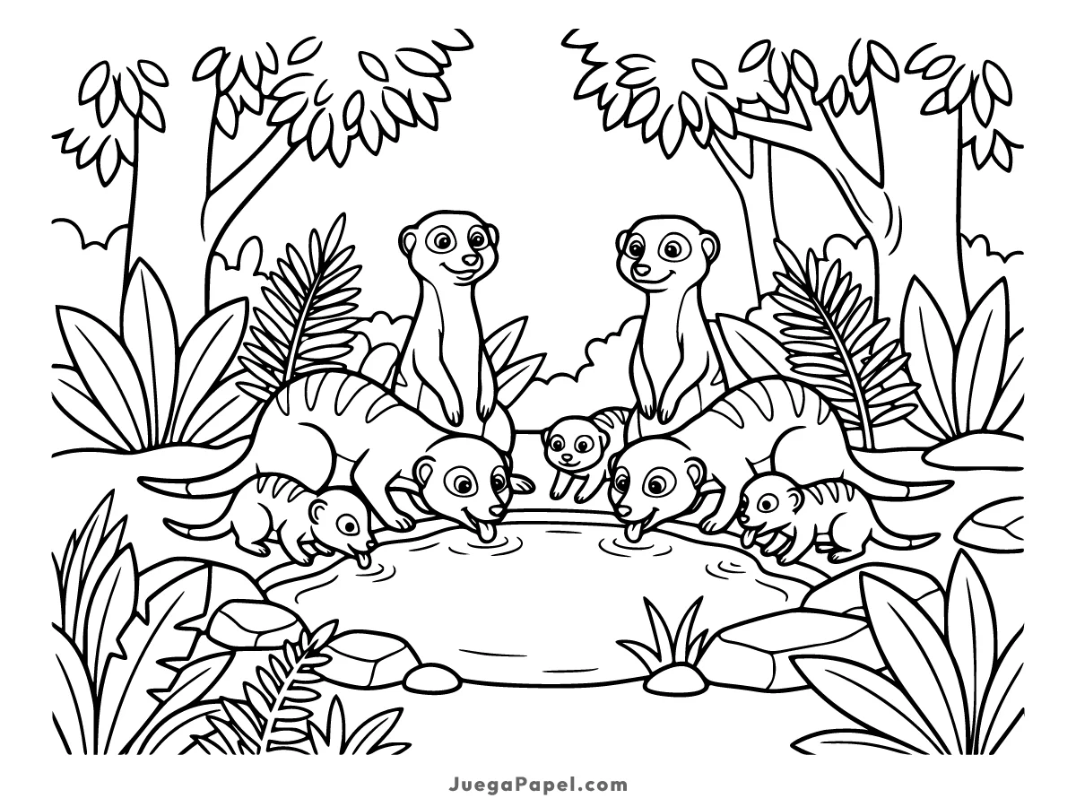Dibujo para colorear e imprimir de Familia de Suricatas Bebiendo Agua
