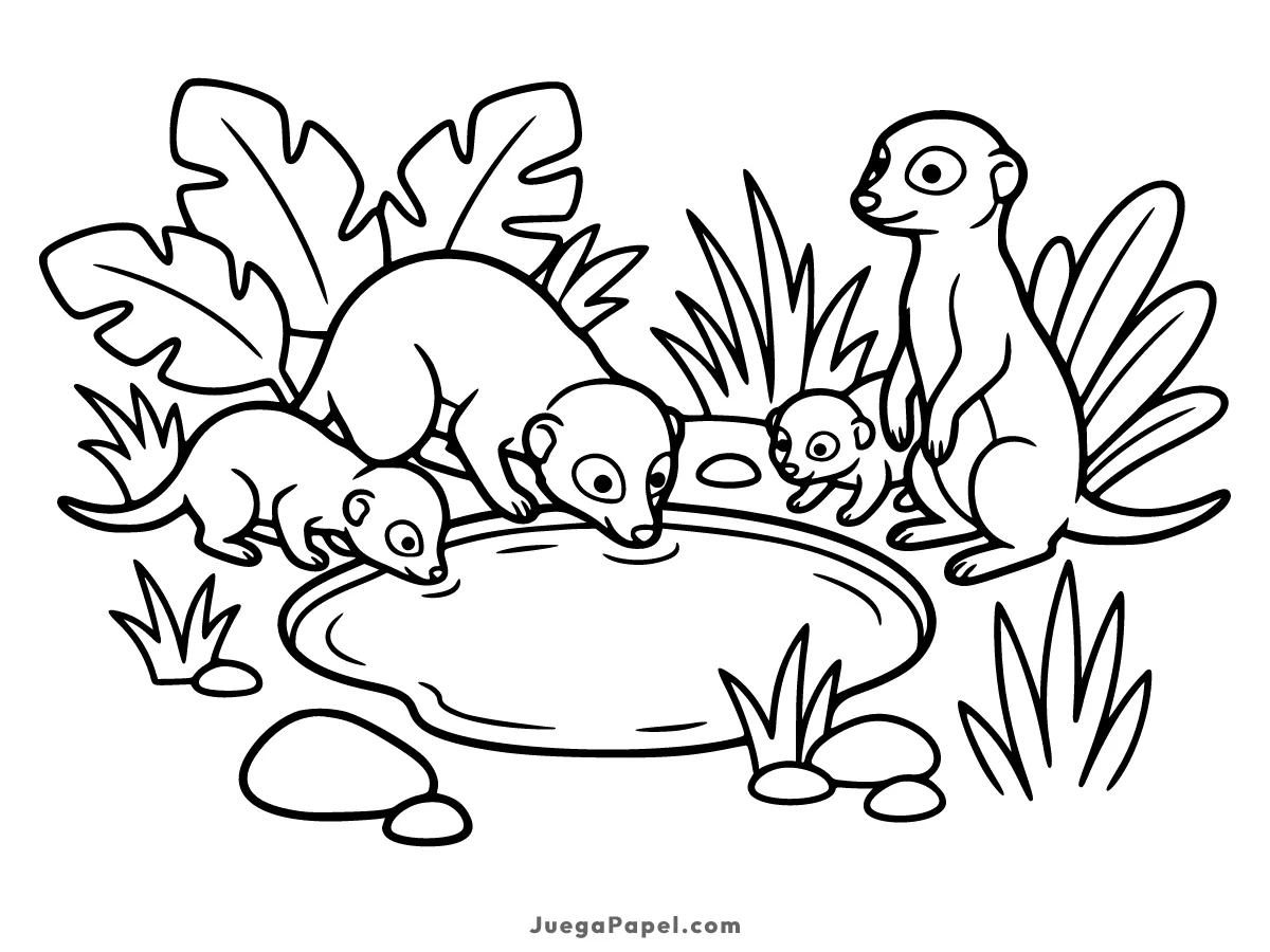 Dibujo para colorear e imprimir de Familia de Suricatas Bebiendo Agua