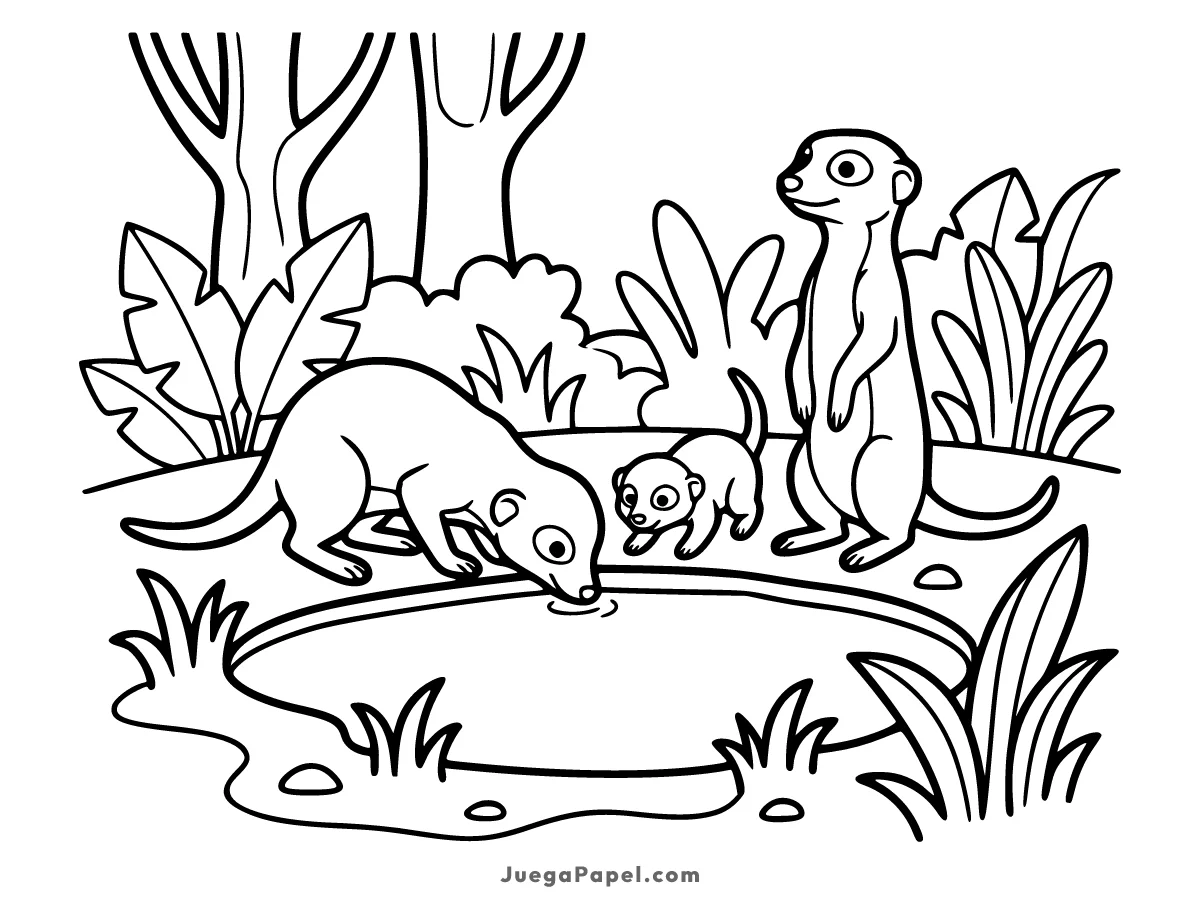Dibujo para colorear e imprimir de Familia de Suricatas Bebiendo Agua en la Naturaleza