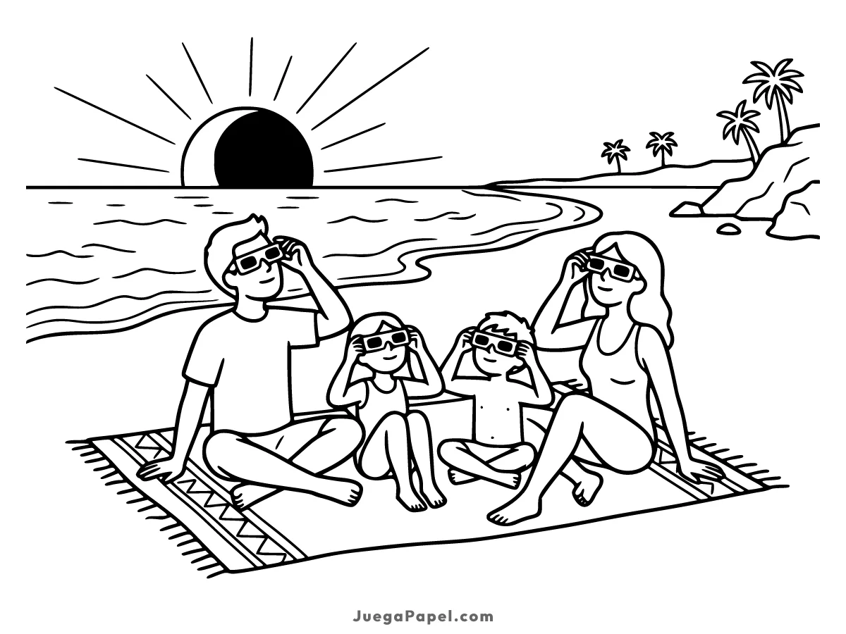 Dibujo para colorear e imprimir de Familia en Playa Mirando Eclipse Solar