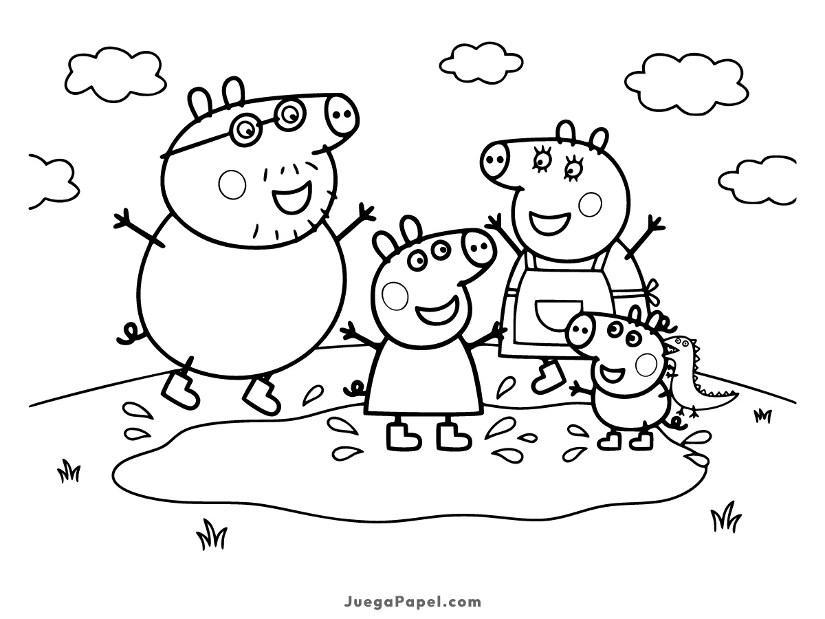 Dibujo para colorear e imprimir de Familia Pig saltando en el barro