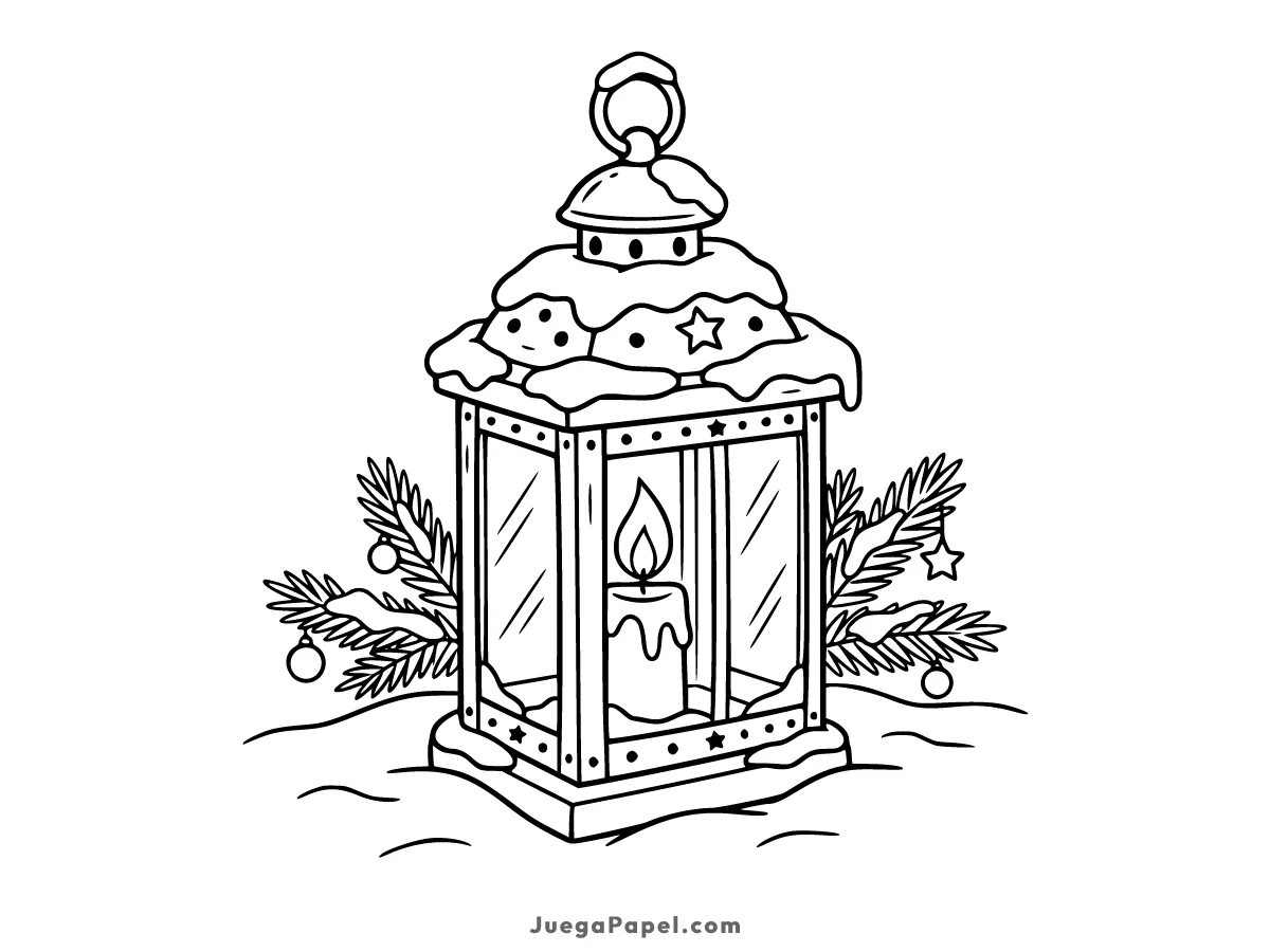 Dibujo para colorear e imprimir de Farol Navideño Encendido Con Abeto