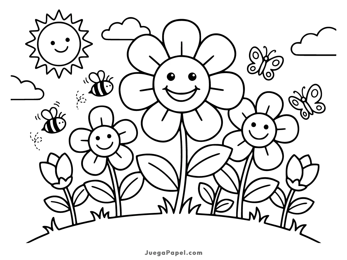 Dibujo para colorear e imprimir de Flores sonrientes con abejas y mariposas