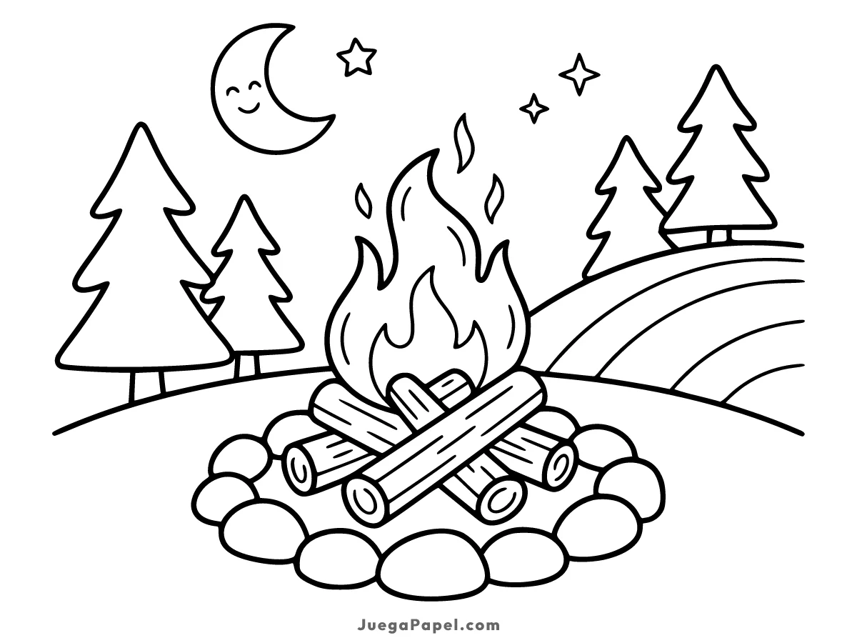Dibujo para colorear e imprimir de Fogata Agradable en el Bosque bajo la Luna