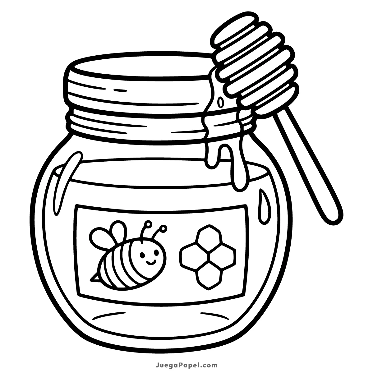Dibujo para colorear e imprimir de Frasco de Miel de Abeja y Cuchara de Madera