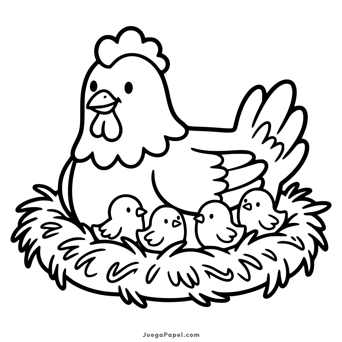 Dibujo para colorear e imprimir de Gallina Cuidadora con sus Pollitos en el Nido