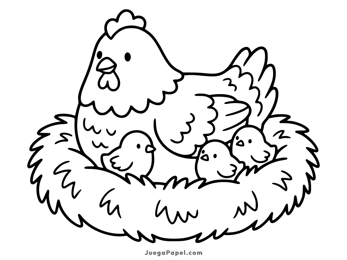 Dibujo para colorear e imprimir de Gallina Cuidadora con sus Polluelos en el Nido
