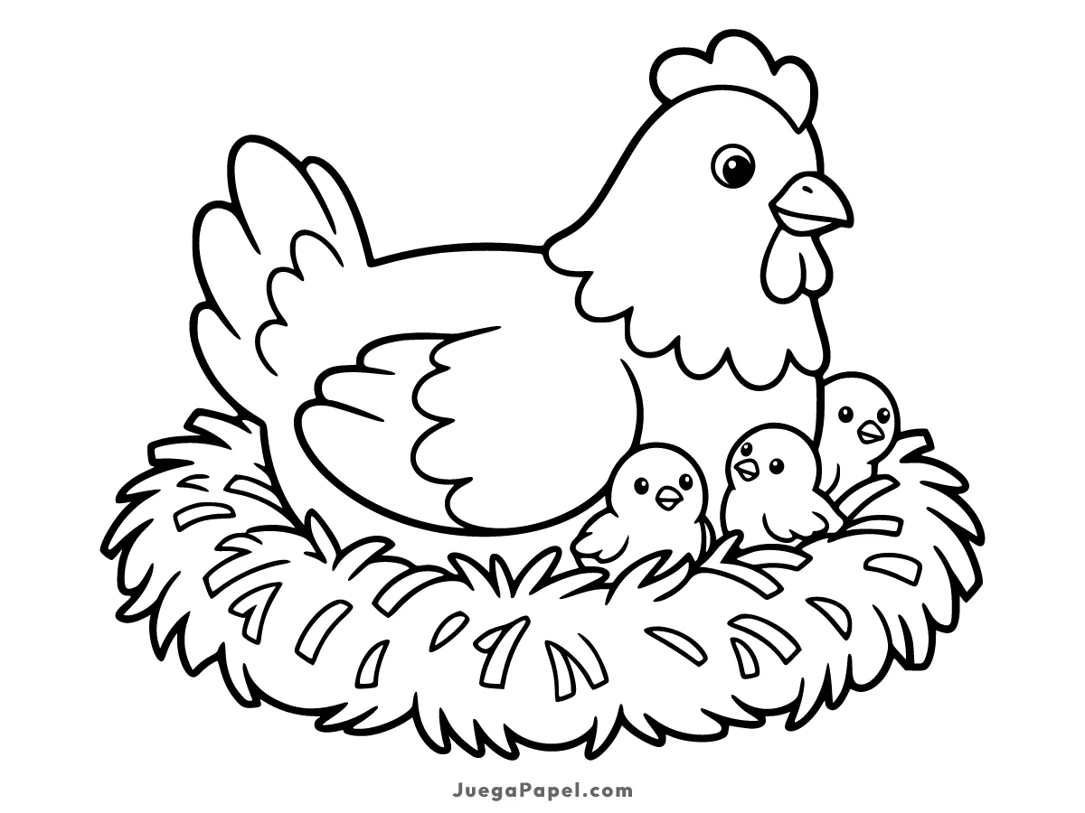 Dibujo para colorear e imprimir de Gallina en su Nido con Pollitos Tiernos