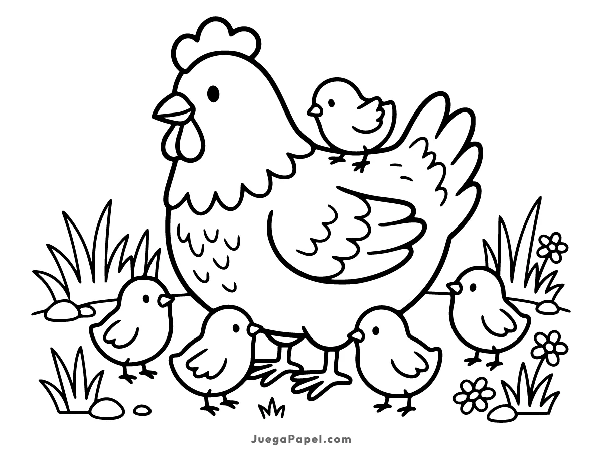 Dibujo para colorear e imprimir de Gallina Feliz con sus Pollitos en el Campo