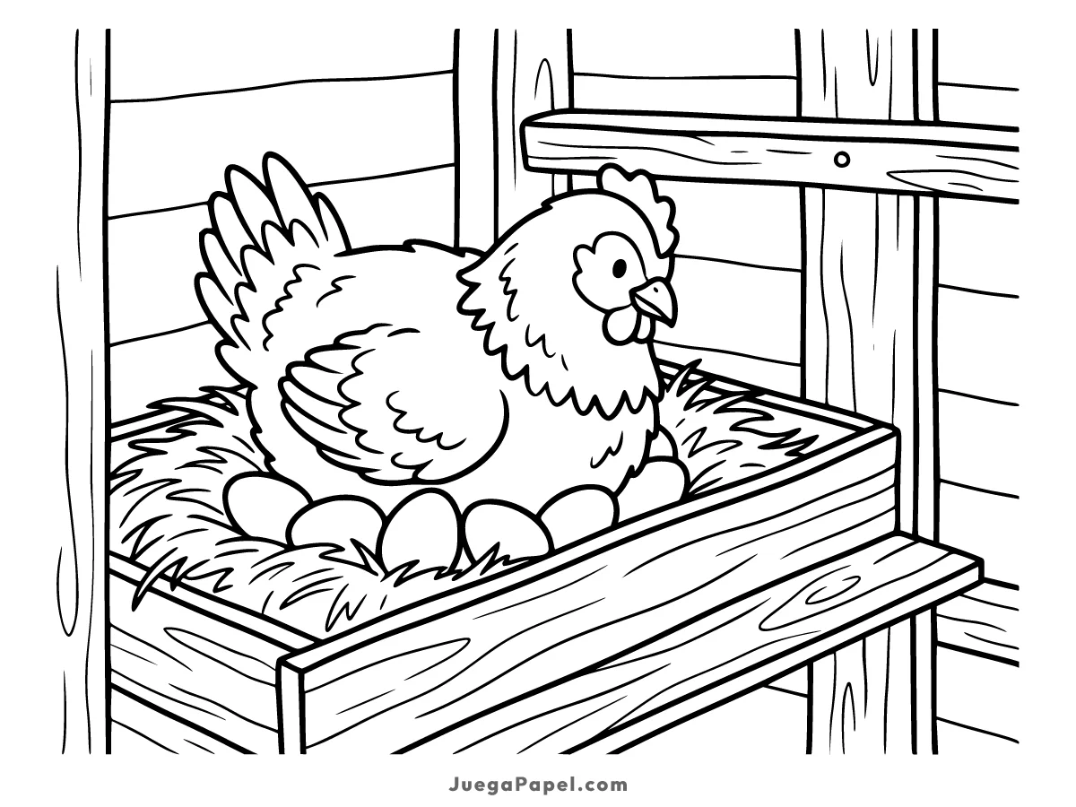 Dibujo para colorear e imprimir de Gallina Incubando Huevos