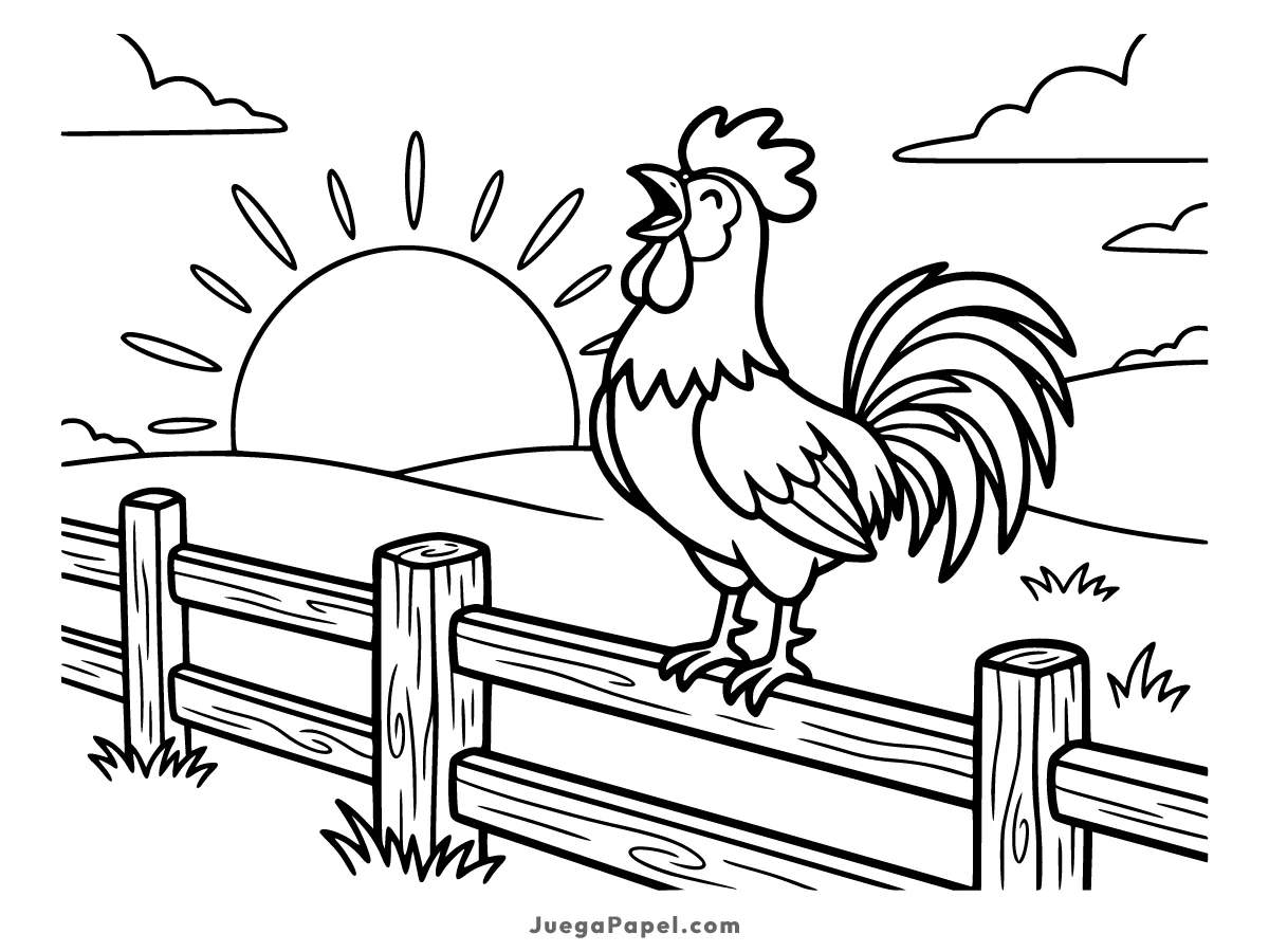 Dibujo para colorear e imprimir de Gallo Cantando al Amanecer en la Granja