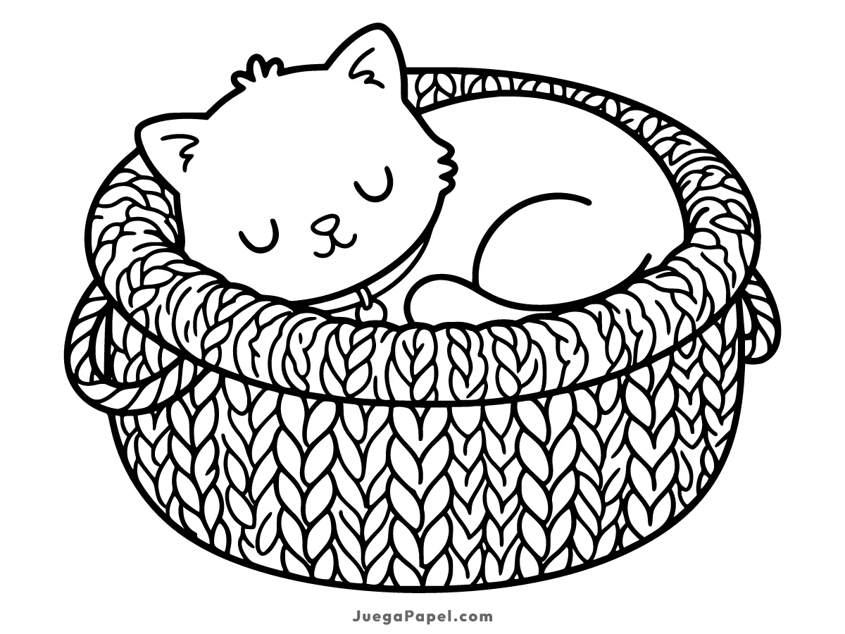 Dibujo para colorear e imprimir de Gatito Durmiendo en una Cesta Acogedora