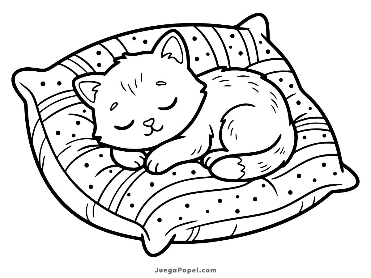 Dibujo para colorear e imprimir de Gatito Durmiendo Plácidamente en su Cojín