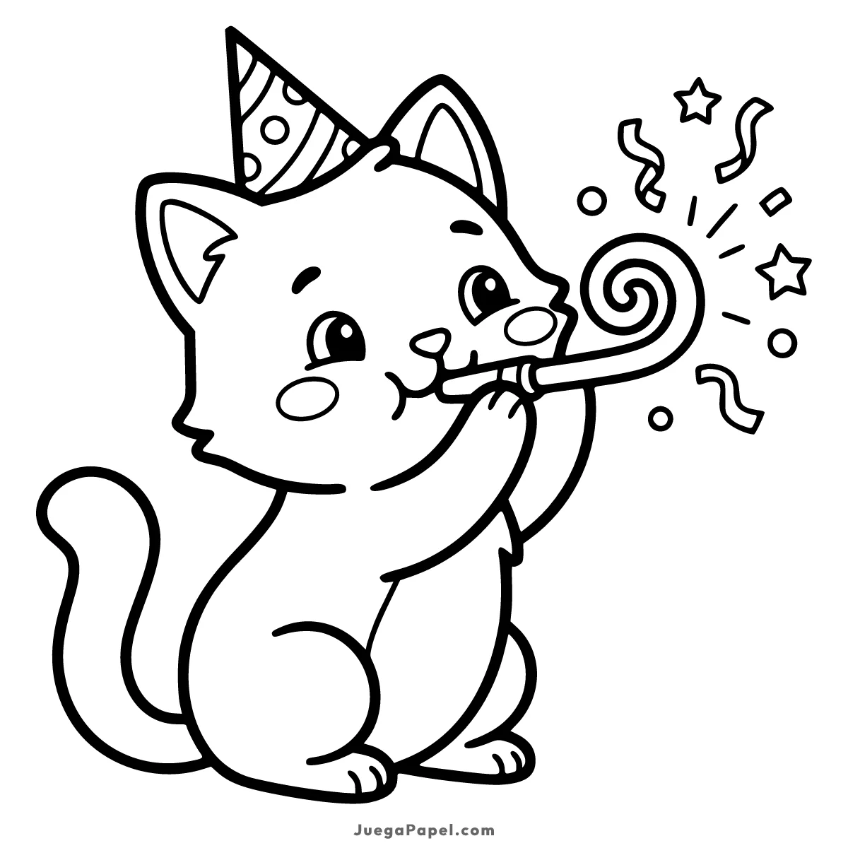 Dibujo para colorear e imprimir de Gatito Feliz de Cumpleaños con Gorro y Serpentinas
