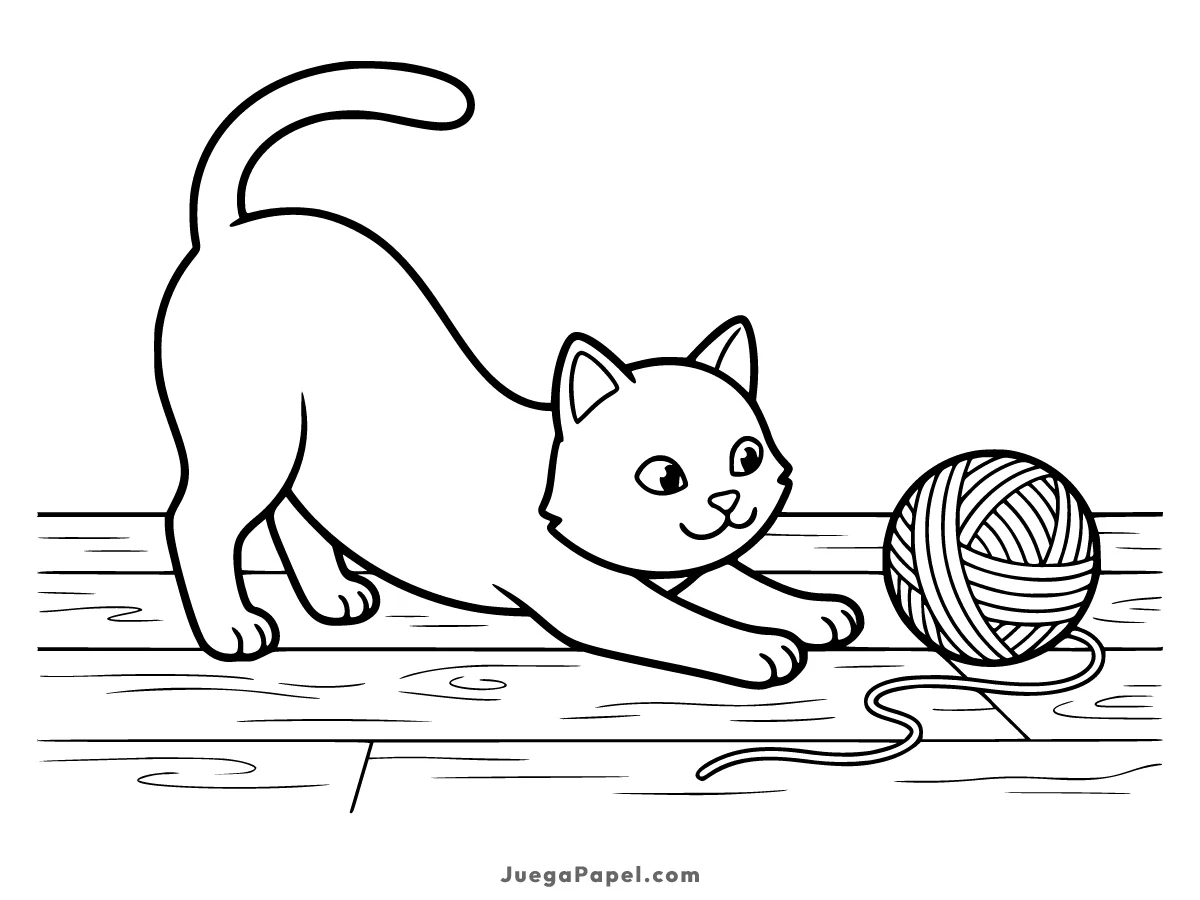 Dibujo para colorear e imprimir de Gatito Juguetón con Ovillo de Lana