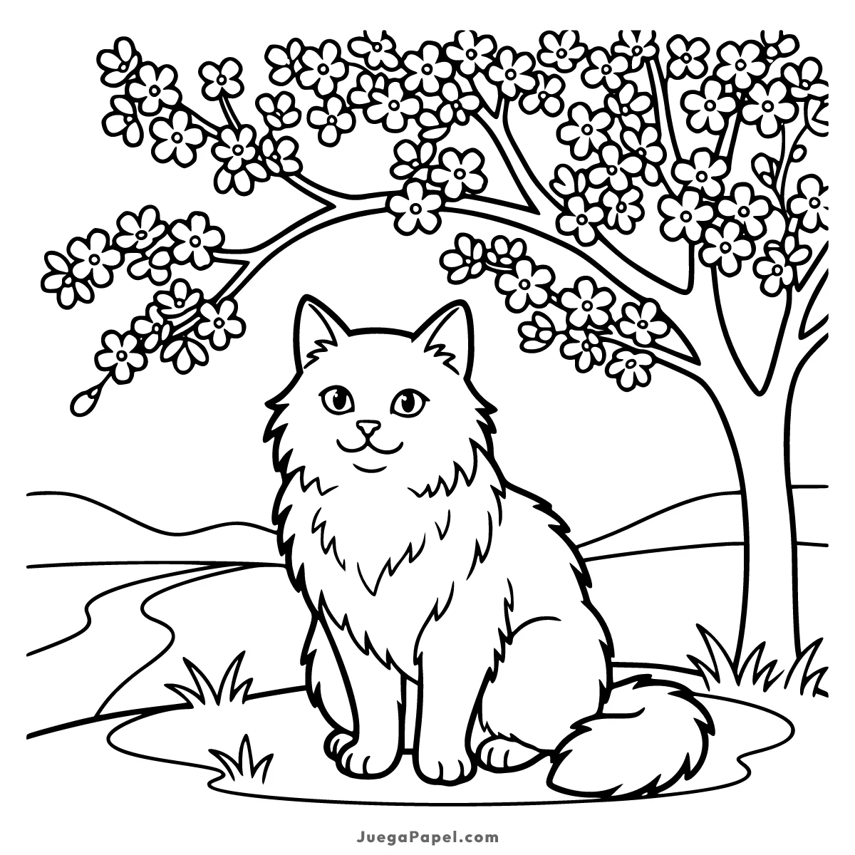 Dibujo para colorear e imprimir de Gatito Peludo Bajo un Árbol en Flor