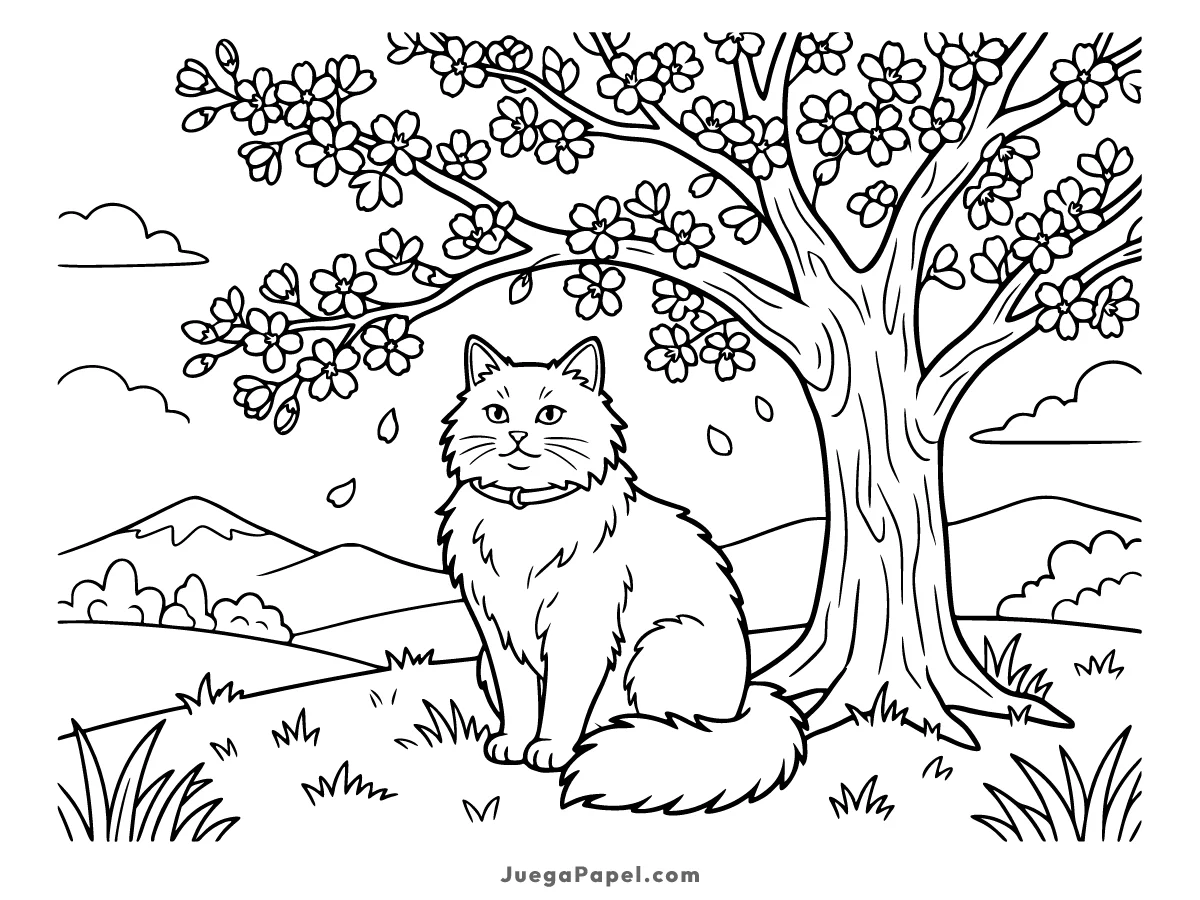 Dibujo para colorear e imprimir de Gatito tierno bajo un árbol en flor