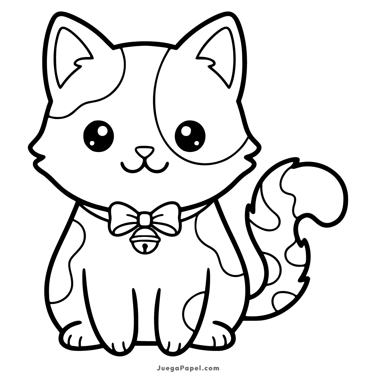 Dibujo para colorear e imprimir de Gatito tierno con lazo y cascabel