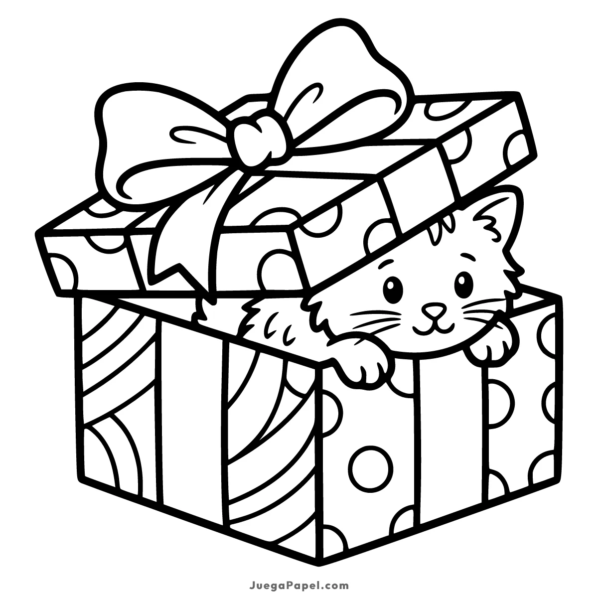 Dibujo para colorear e imprimir de Gatito tierno dentro de una caja de regalo