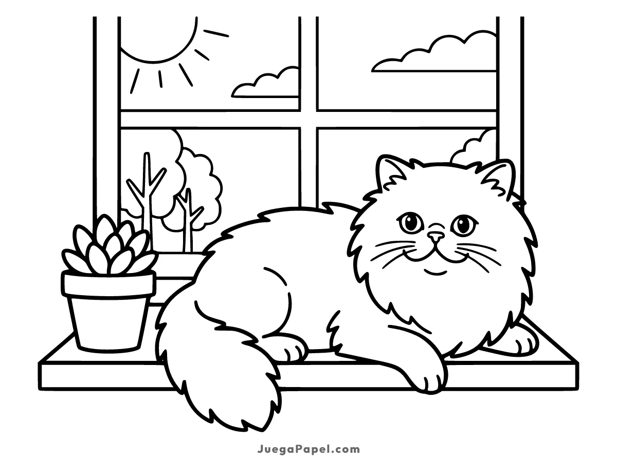 Dibujo para colorear e imprimir de Gatito tierno descansando en la ventana