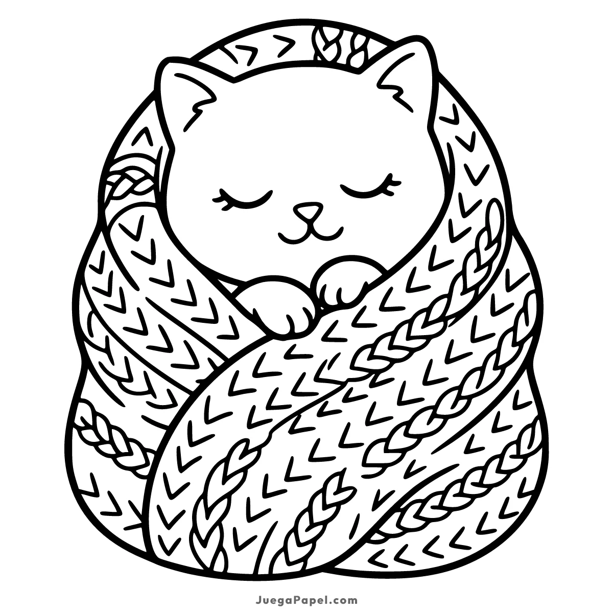 Dibujo para colorear e imprimir de Gatito tierno durmiendo envuelto en una manta de lana