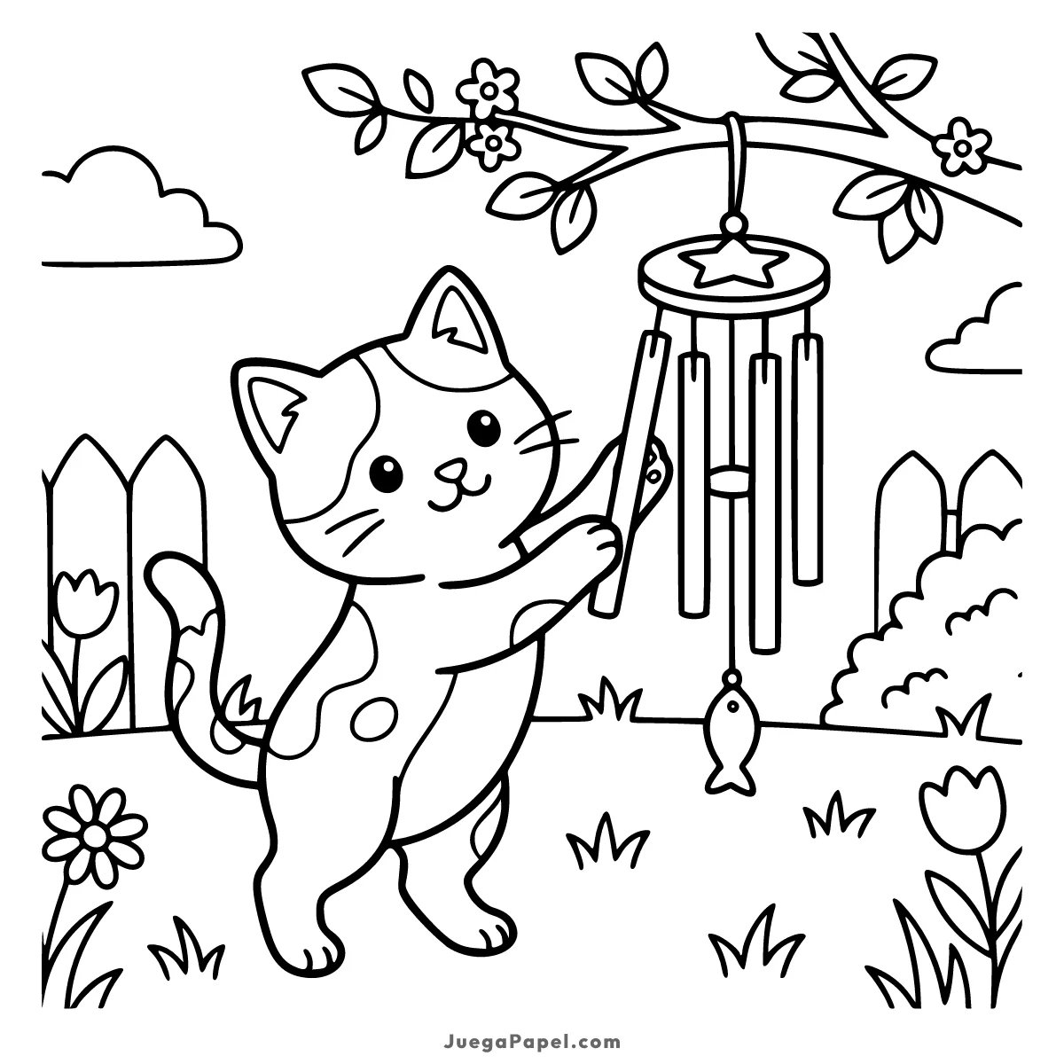 Dibujo para colorear e imprimir de Gatito tierno jugando con un carillón de viento en el jardín