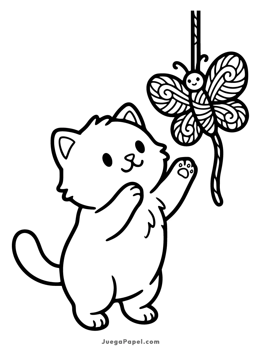 Dibujo para colorear e imprimir de Gatito tierno jugando con una mariposa