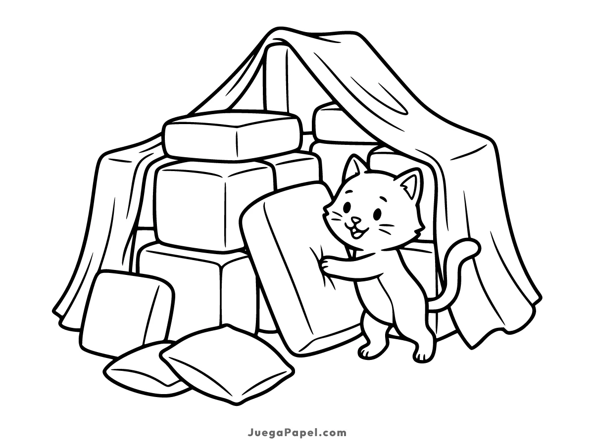 Dibujo para colorear e imprimir de Gato Construyendo un Fuerte con Cojines