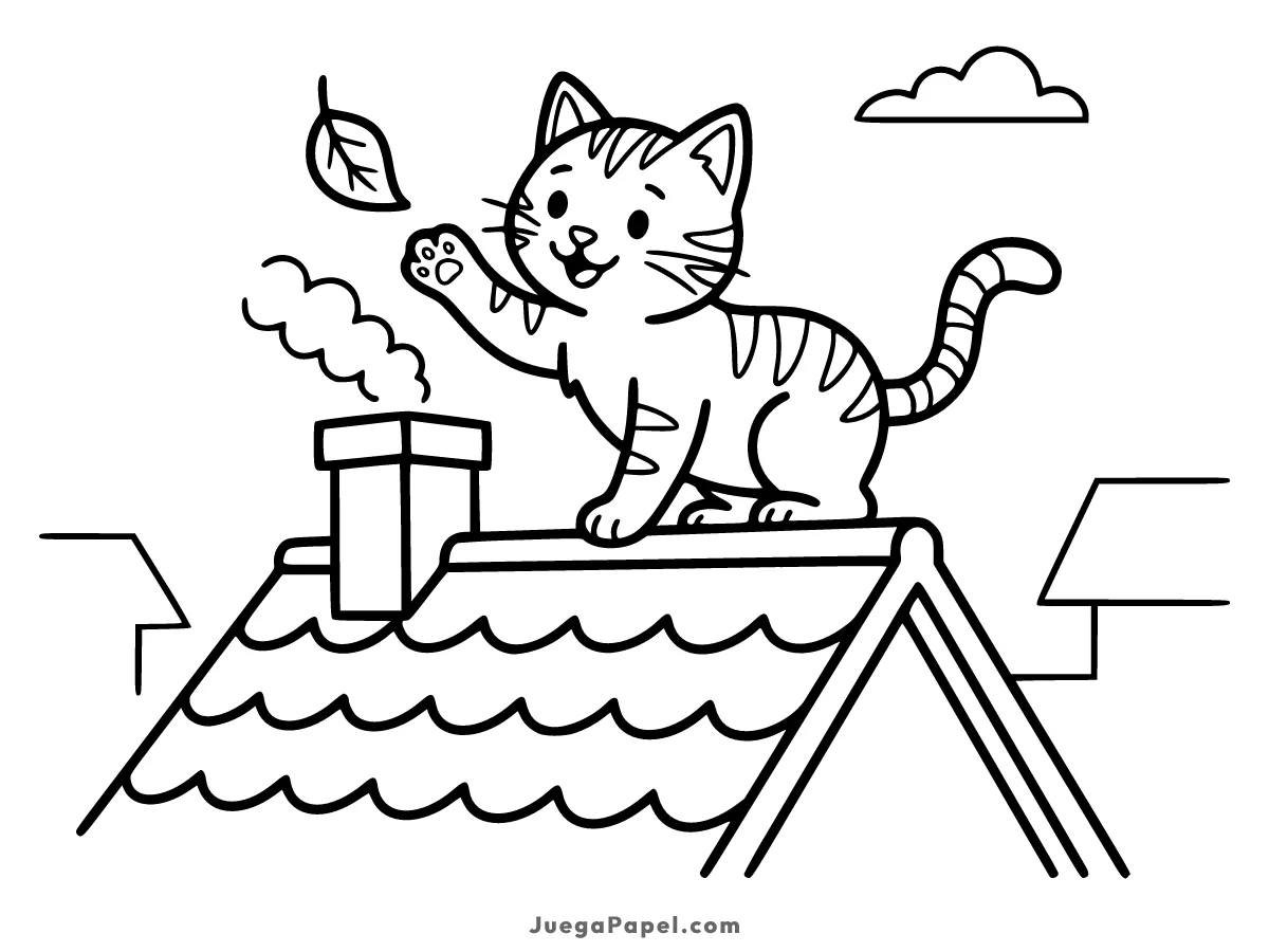 Dibujo para colorear e imprimir de Gato Jugando con una Hoja en un Tejado