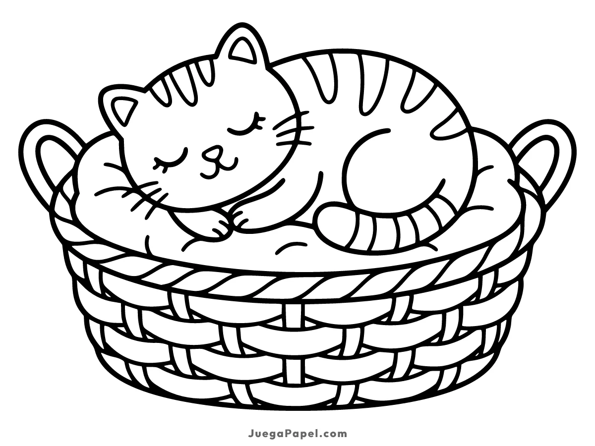 Dibujo para colorear e imprimir de Gato tierno durmiendo en su cesta
