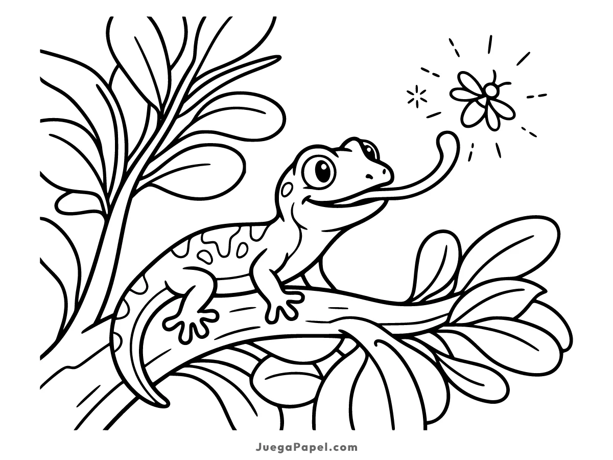 Dibujo para colorear e imprimir de Gecko Amigable Atrapando un Insecto