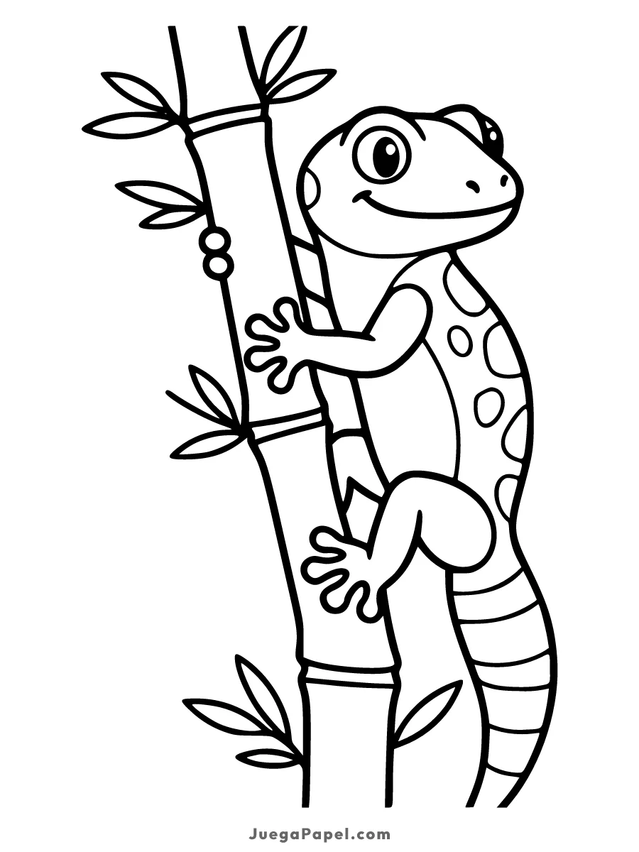 Dibujo para colorear e imprimir de Gecko Amigable Trepando en una Rama
