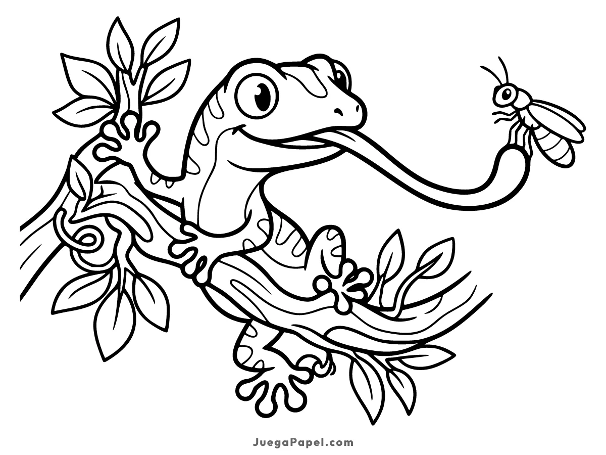 Dibujo para colorear e imprimir de Gecko Cazando una Mosca en la Rama