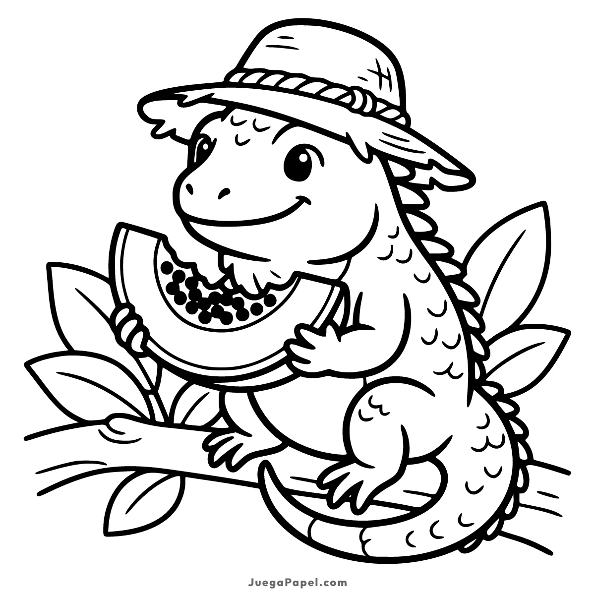 Dibujo para colorear e imprimir de Iguana con Sombrero Comiendo Fruta