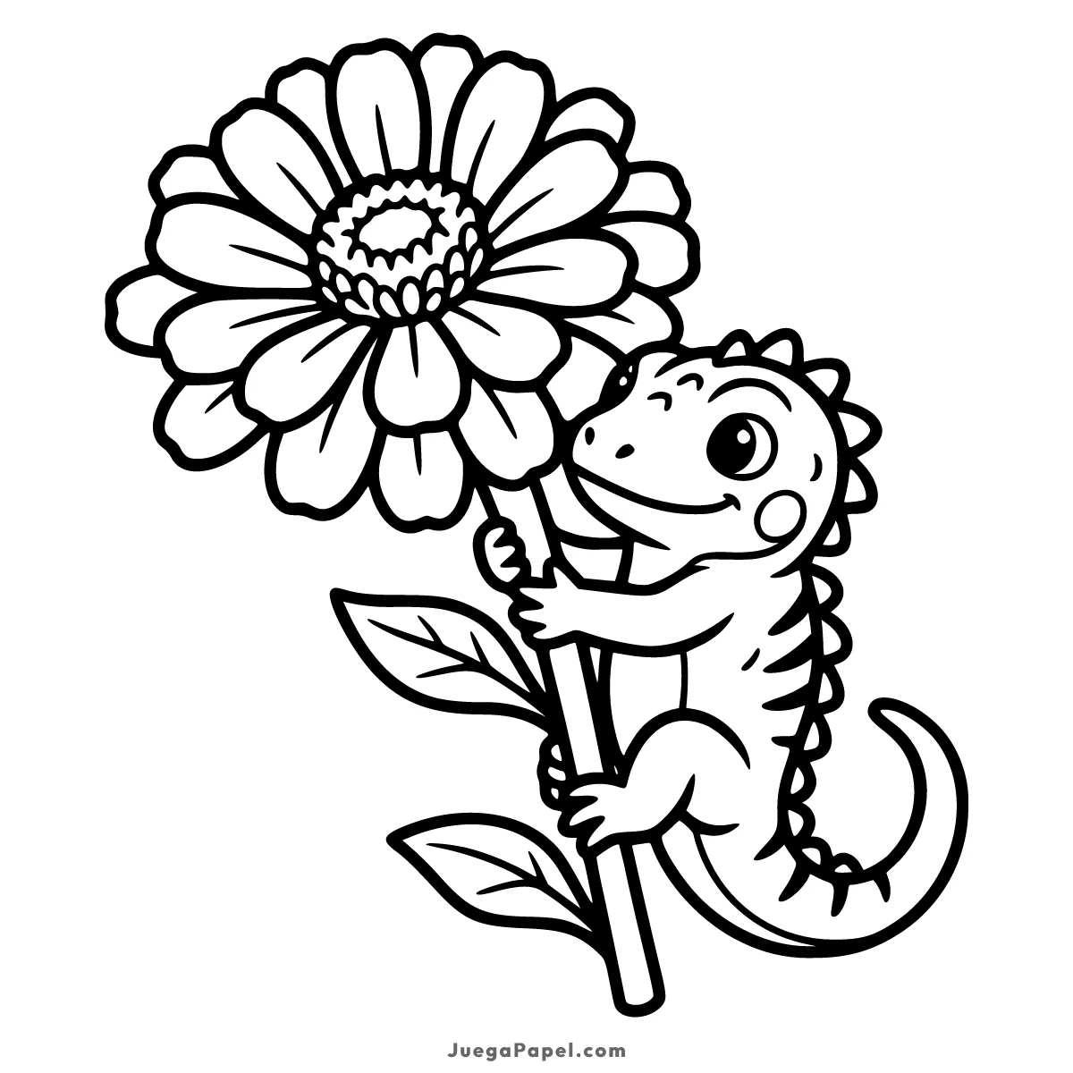 Dibujo para colorear e imprimir de Iguana Feliz Abrazando una Flor Grande