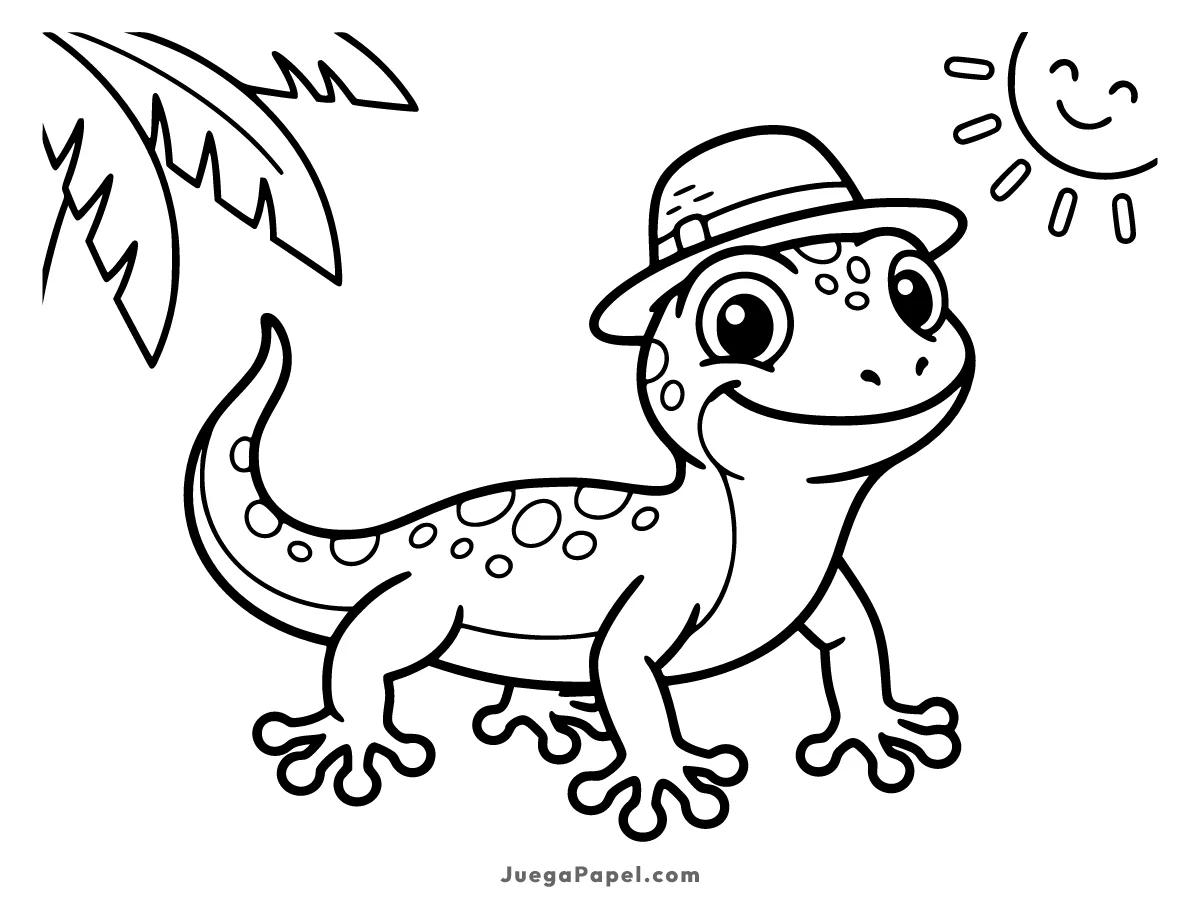 Dibujo para colorear e imprimir de Gecko Feliz con Sombrero de Verano