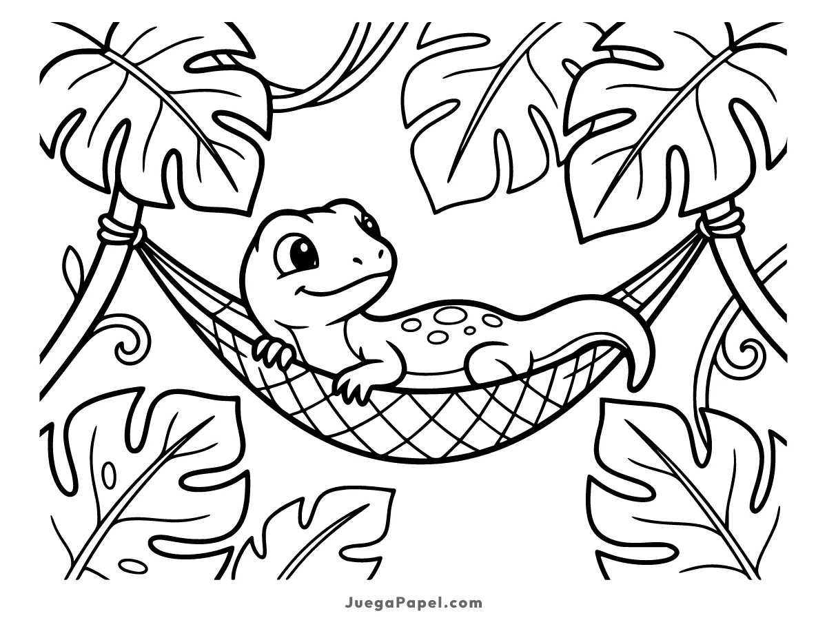 Dibujo para colorear e imprimir de Gecko Feliz Relajándose en una Hamaca en la Selva