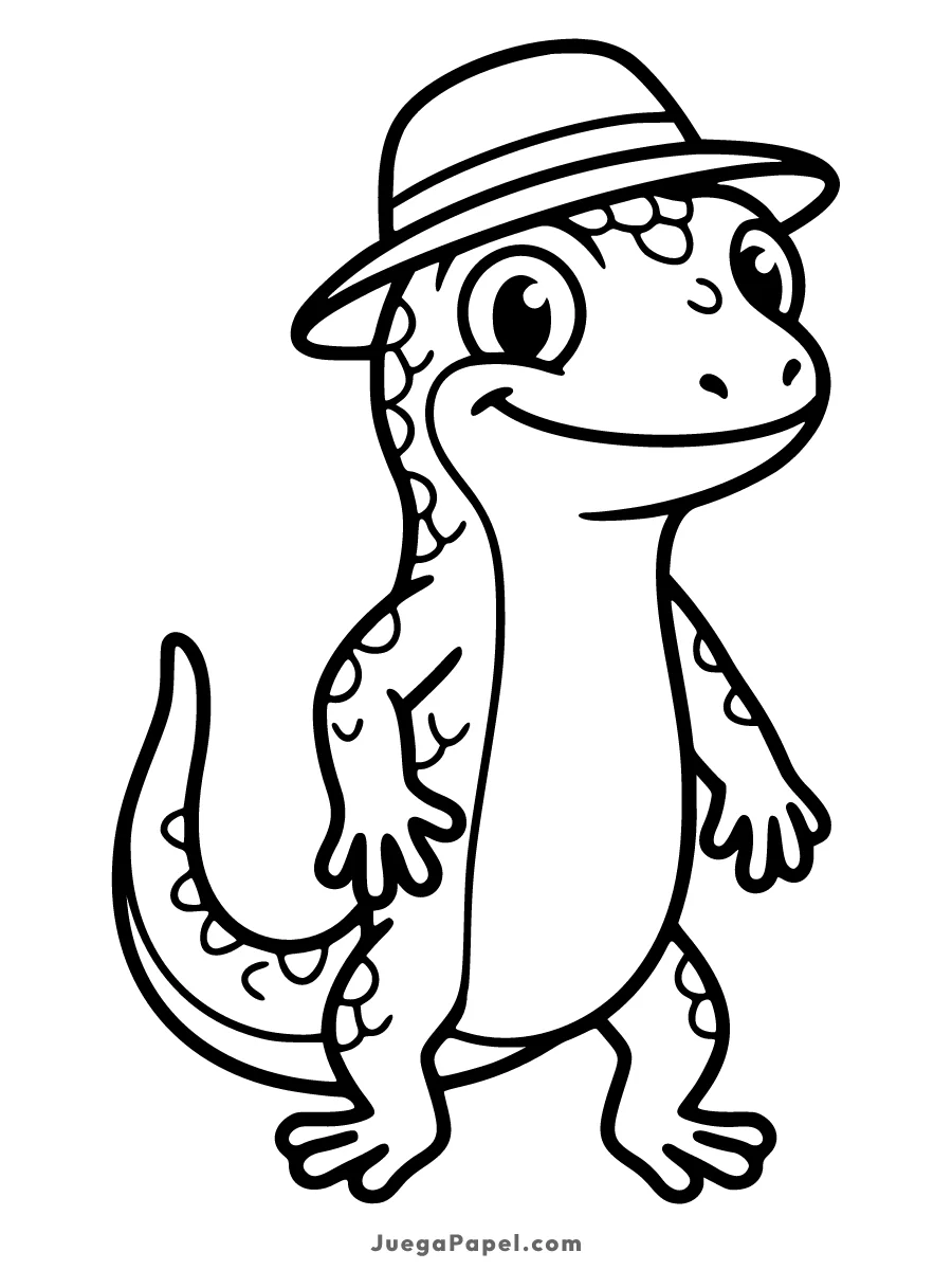 Dibujo para colorear e imprimir de Gecko Sonriente con Sombrero