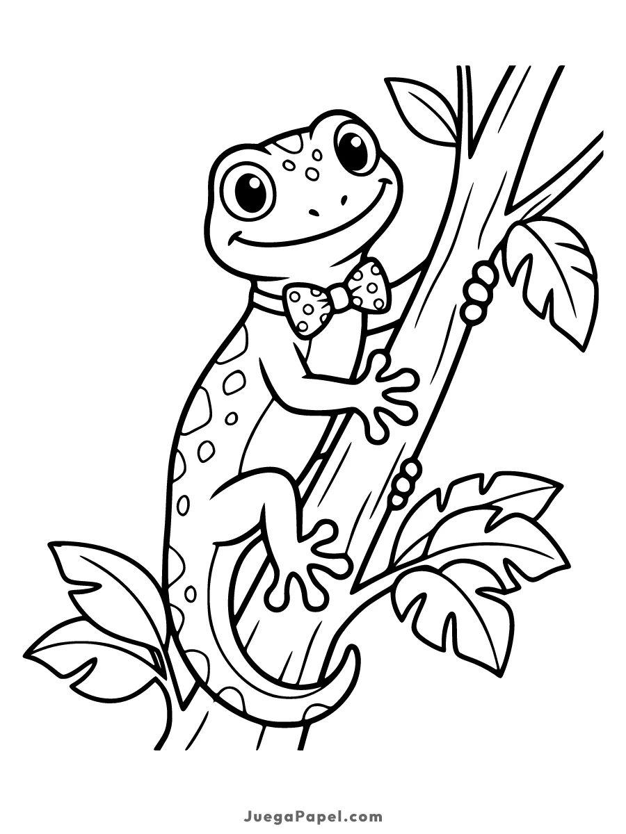 Dibujo para colorear e imprimir de Gecko Sonriente en la Rama con Pajarita
