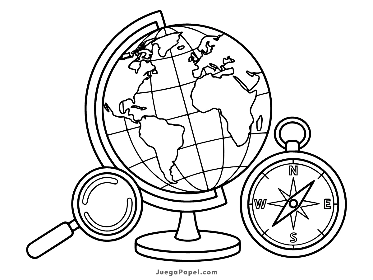 Dibujo para colorear e imprimir de Globo Terráqueo con Brújula y Lupa